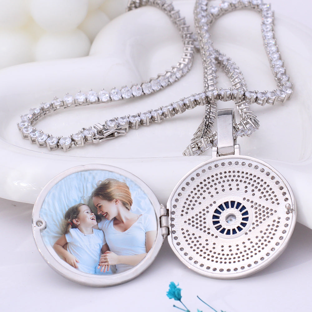 Personalized Locker Necklace with Photo - Hip-Hop Style Round Pendant with Zircon, Engravable Back