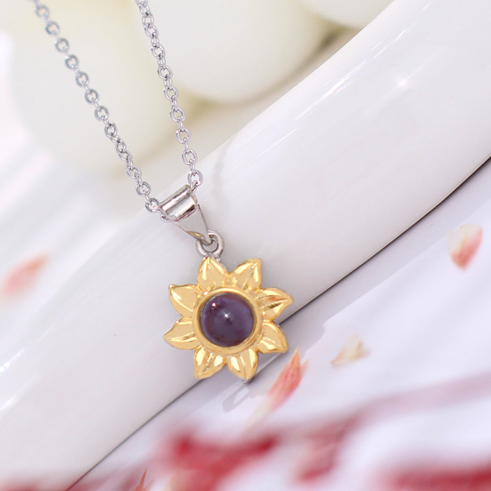 custom silver Necklace with photo & word Inside - gold Sunflower Sun Pendant, personalised gifts