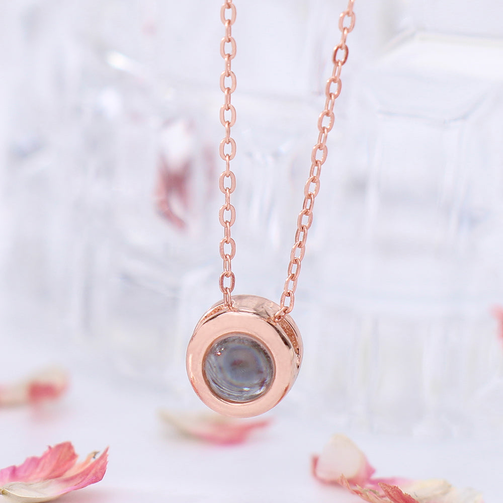 Custom 925 Silver Photo Projection Necklace with photo word Inside - Simple Round Pendant Memory Gifts