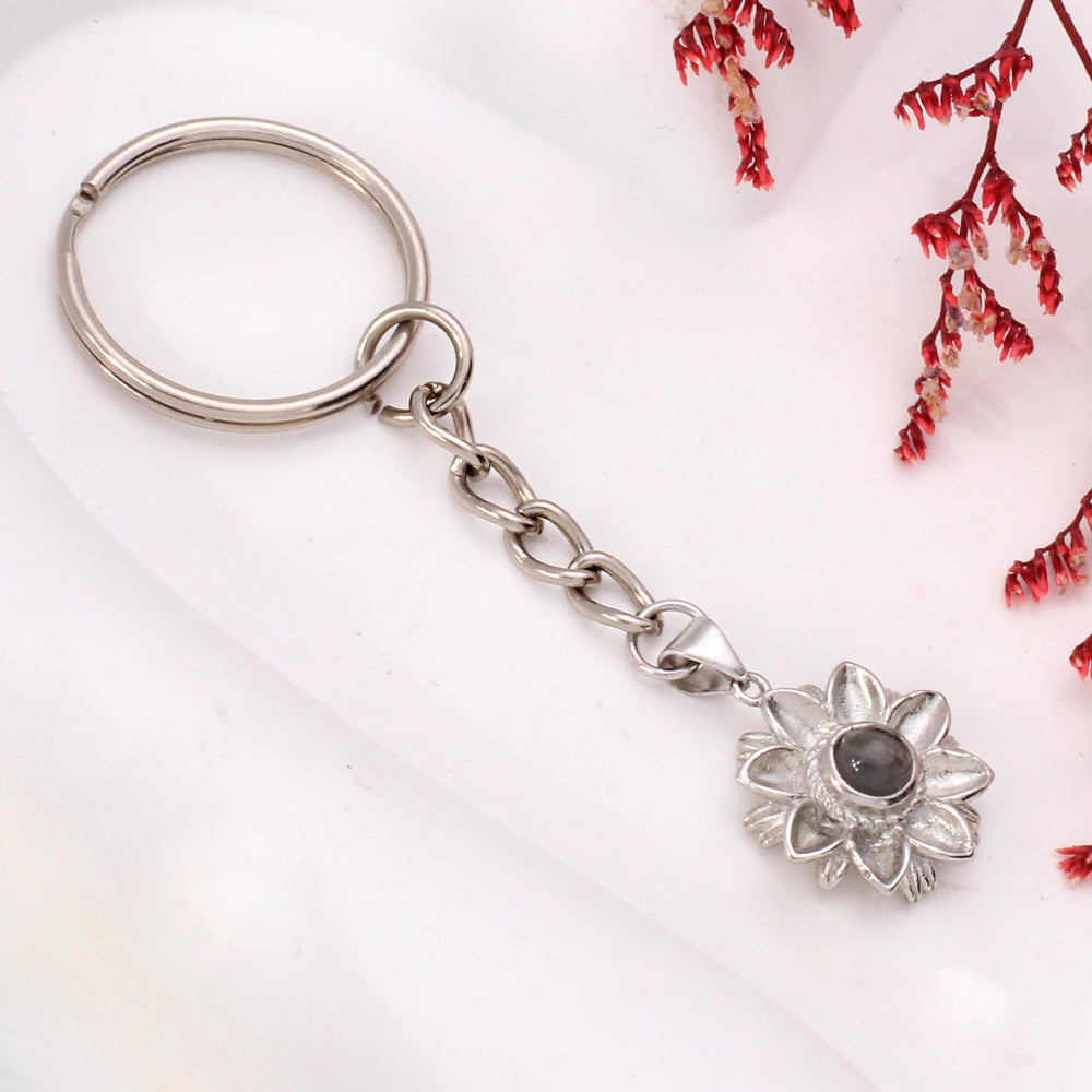 Custom Photo Projection Keychain - Silver Lotus Flower Pendant with Picture Inside for Memory Gifts