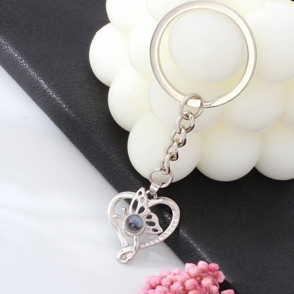 Custom Photo Projection Keychain - Silver Butterfly heart Pendant with Picture Text Inside for Memory Gifts