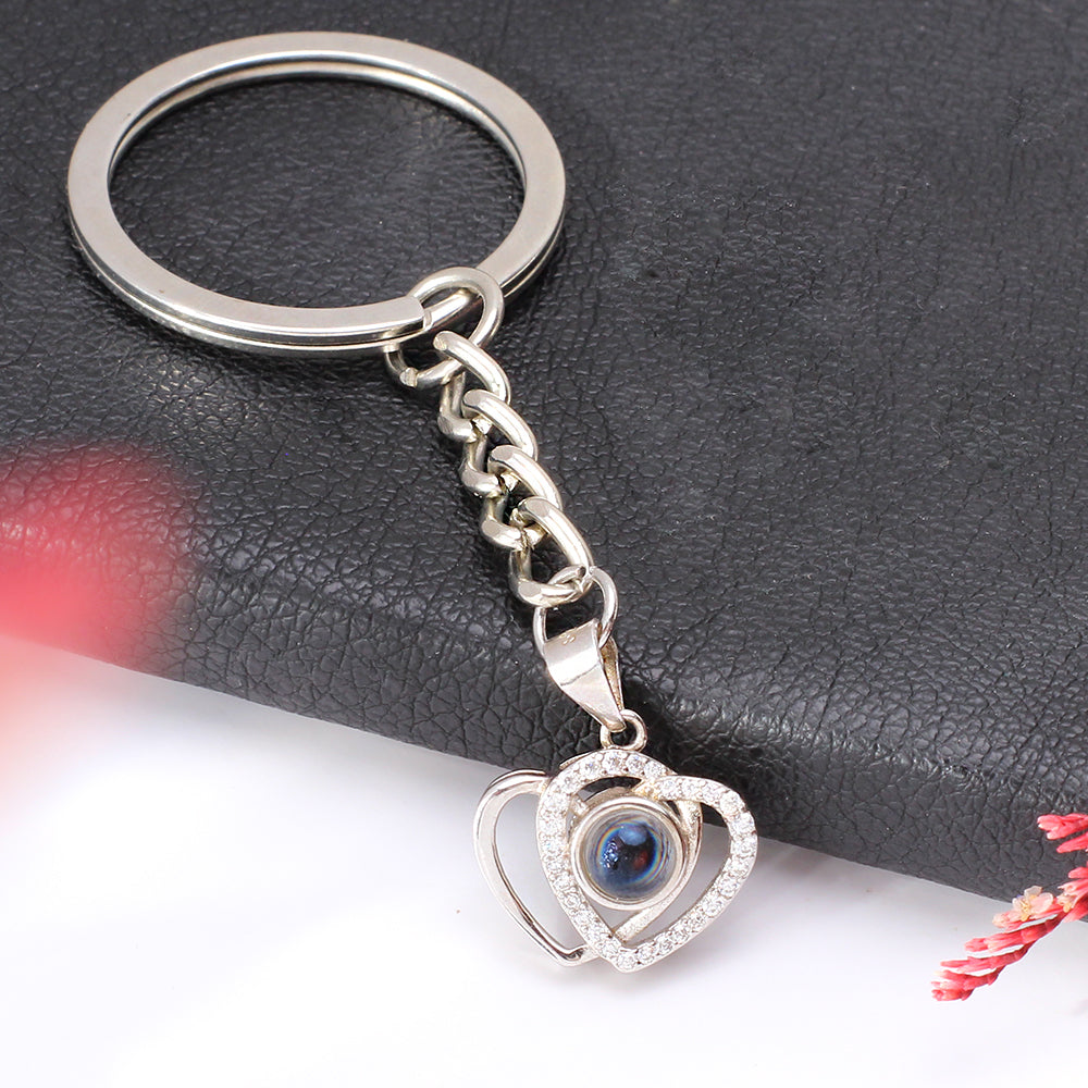 Custom Photo Projection Keychain - Silver Linked Hearts Pendant with Picture Text Inside for Memory Gifts