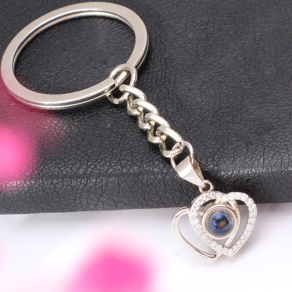 Custom Photo Projection Keychain - Silver Linked Hearts Pendant with Picture Text Inside for Memory Gifts