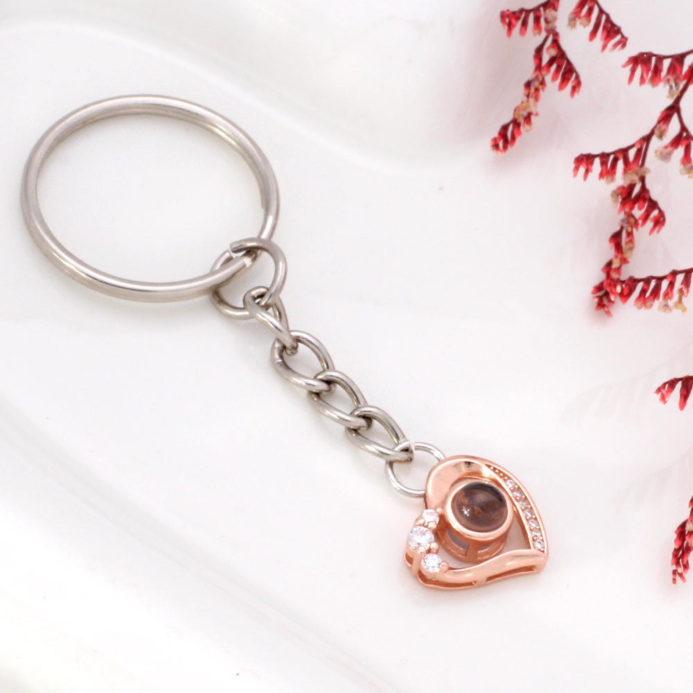 Custom Photo Projection Keychain - Silver Heart Pendant with Picture Text Inside for Memory Gifts