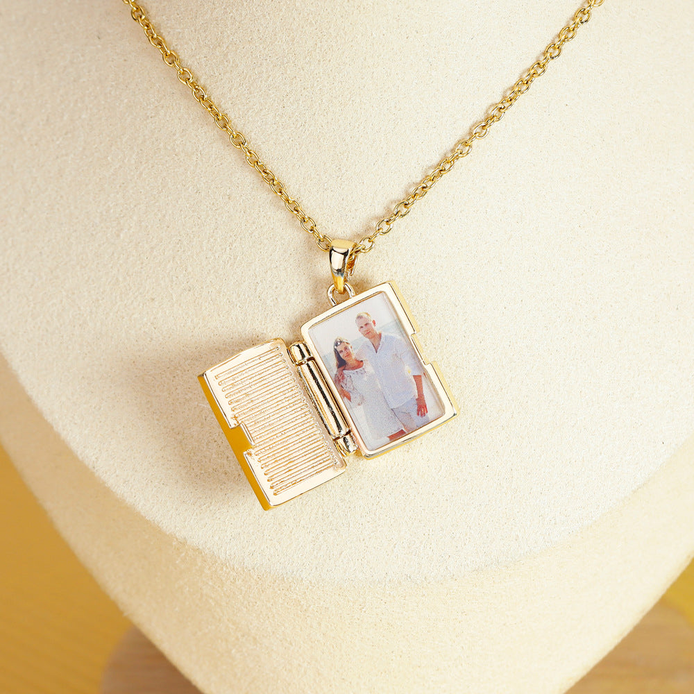 Gold Envelope Photo Locket Necklace,Book-Style Album Pendant, Custom Photo,Valentine's & Christmas Gift for Her