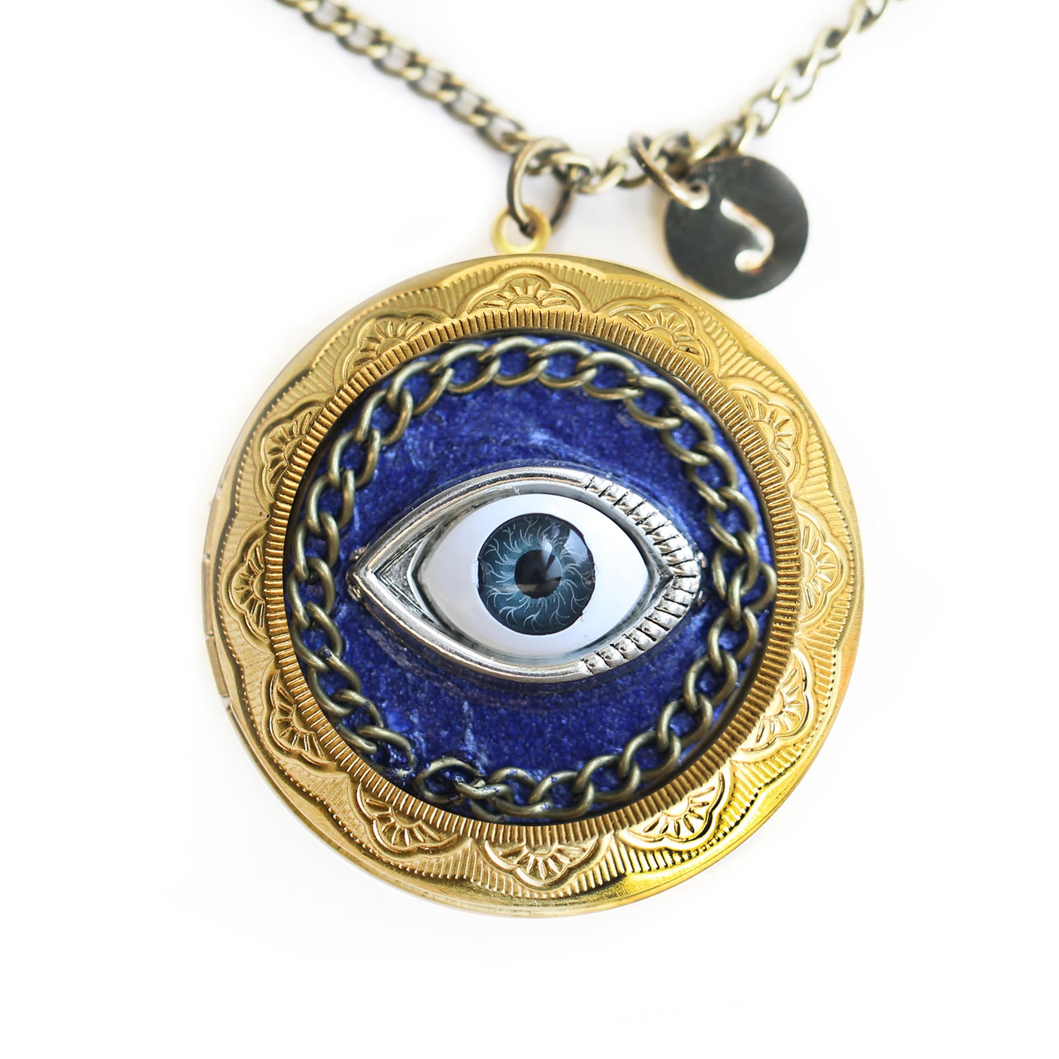 Antique Brass Round Evil Eye Photo Locket Necklace - 3D Design, Custom Photos & Letter Charm - Personalized Punk Gift for Him