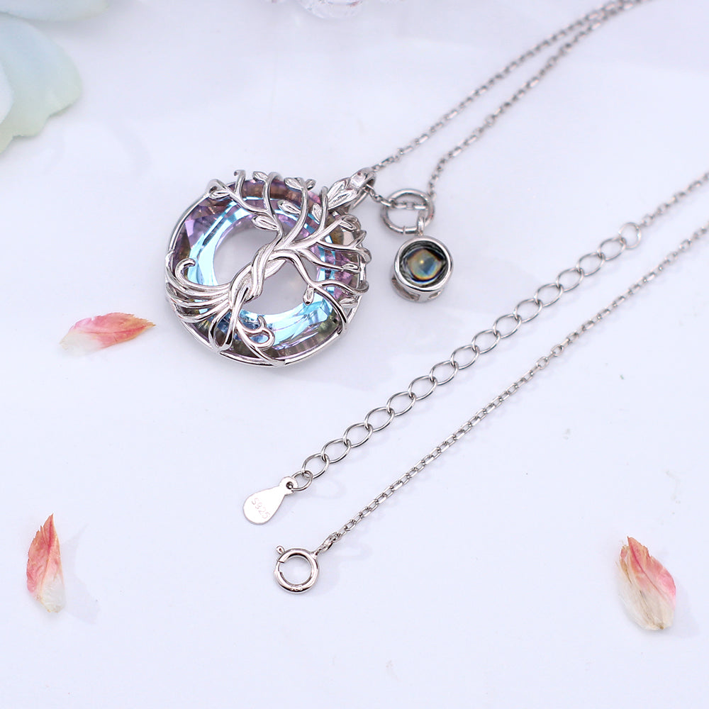 Custom Silver Memory Necklace with Picture Inside - Tree of Life Crystal Pendant Gift for Her