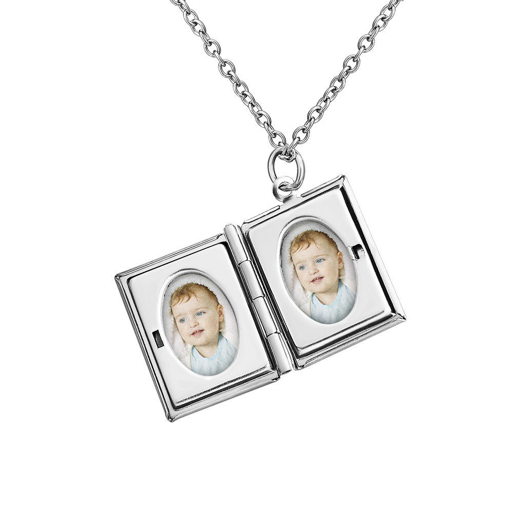 Square Book Locket Necklace – Custom 2 Photos & Text, Secure Closure, Choose Chain Length, Personalized Memory Gift