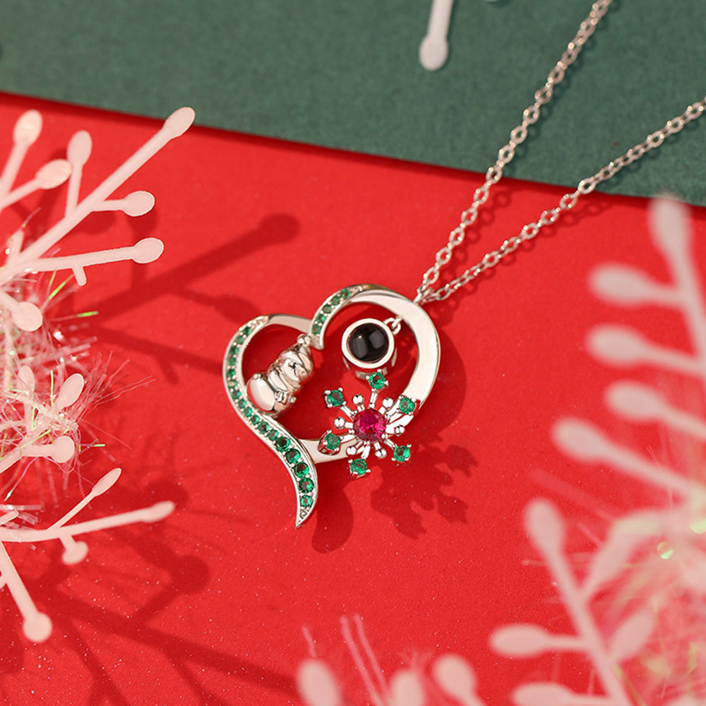 Custom Photo Heart Necklace with Picture and Text Inside - Red Green Zircon Snowman Snowflakes, Personalized Gift for Women Girl