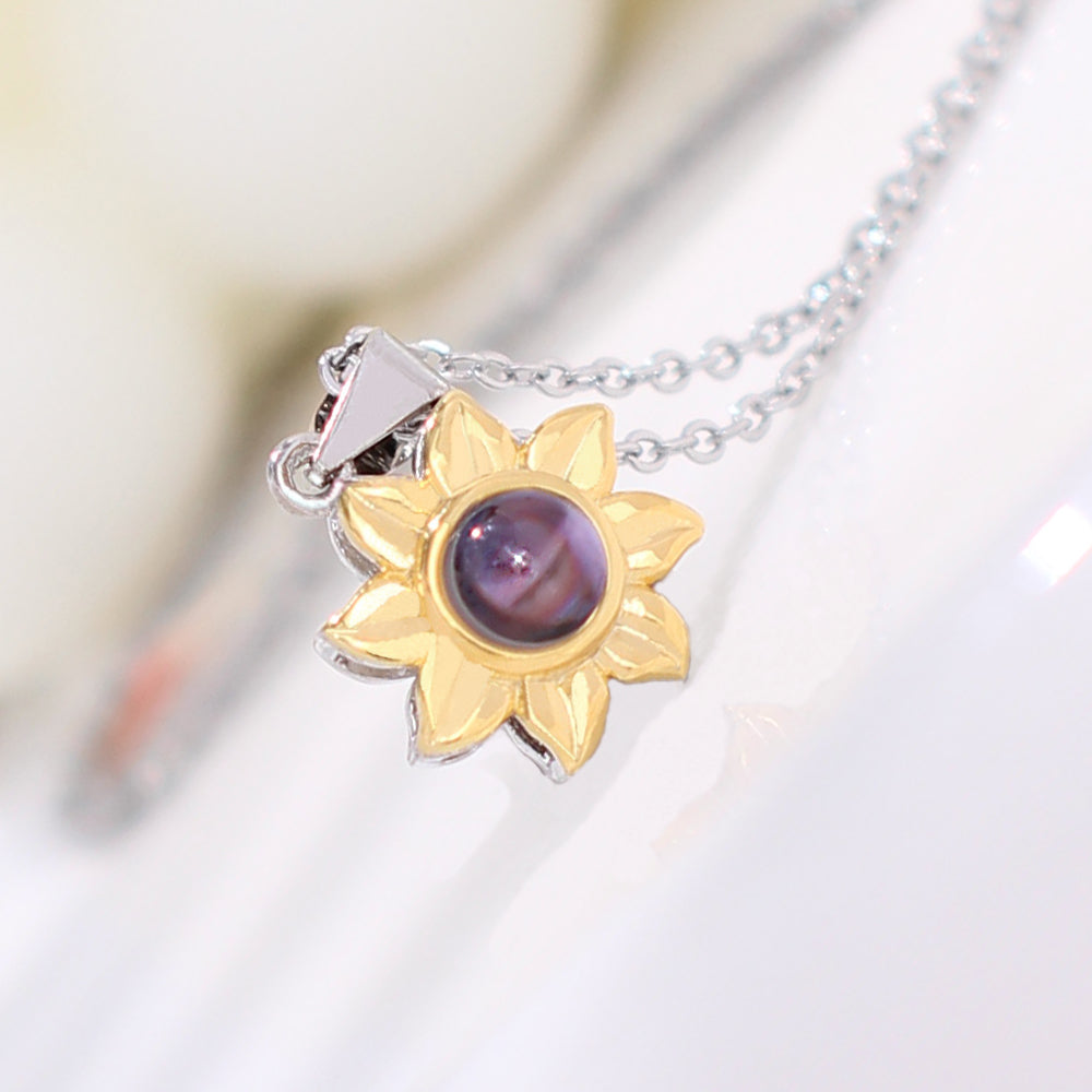 custom silver Necklace with photo & word Inside - gold Sunflower Sun Pendant, personalised gifts