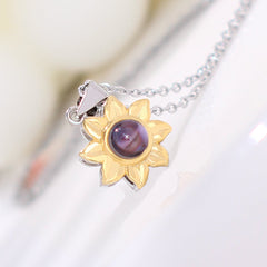 custom silver Necklace with photo & word Inside - gold Sunflower Sun Pendant, personalised gifts