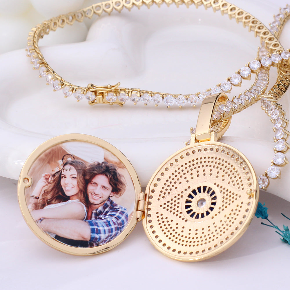 Personalized Locker Necklace with Photo - Hip-Hop Style Round Pendant with Zircon, Engravable Back