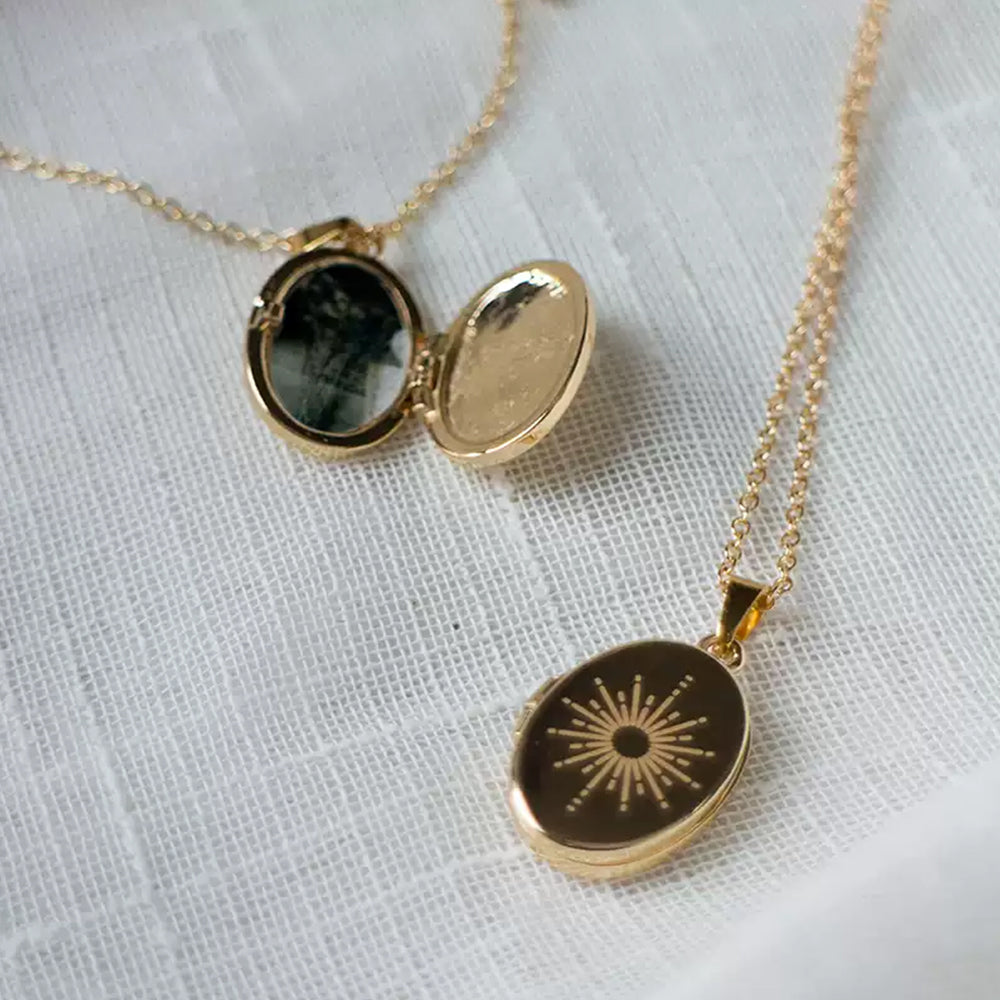 Gold Plated Oval Photo Locket Necklace Custom Photos & Text, Sun Moon Evil Eye,Memory Gifts for Her