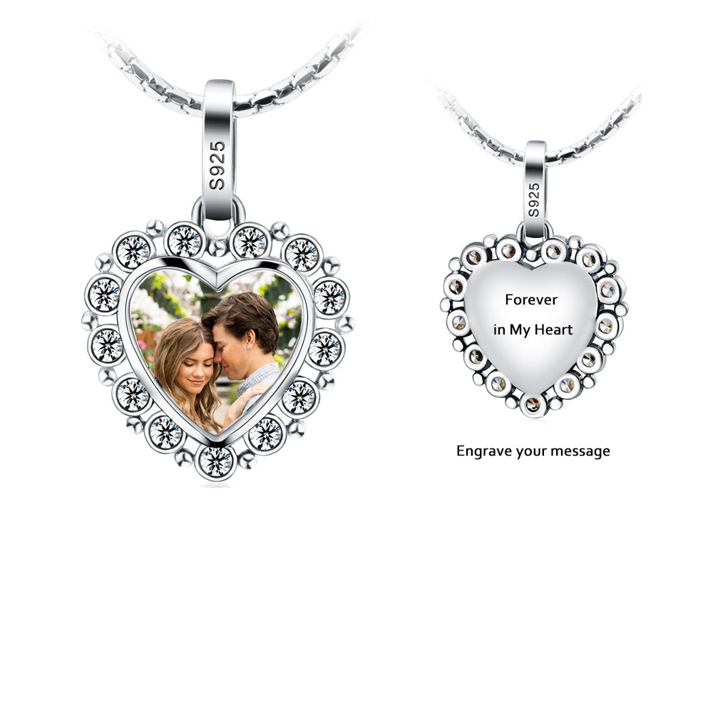 925 Silver Personalized Necklace with Photo - Heart Pendant with Cubic Zirconia Border, Custom Text on Back, Perfect Holiday Gift for Girlfriend, Wife, or Mother