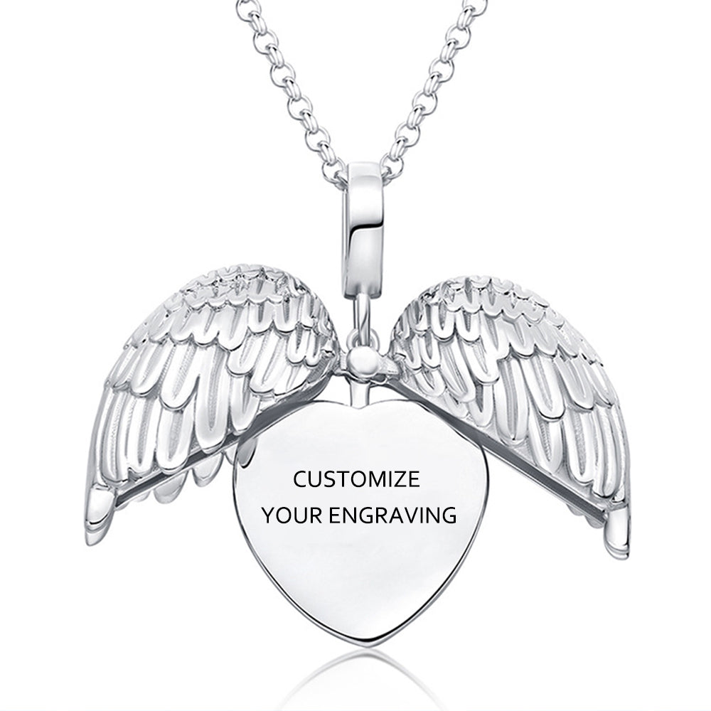 925 Silver Personalized Locket Necklace with Photo - Openable Angel Wing Pendant, One Side for Photo and One Side for Engraving, Perfect Christmas Gift for Girlfriend, Wife, or Mother