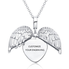 925 Silver Personalized Locket Necklace with Photo - Openable Angel Wing Pendant, One Side for Photo and One Side for Engraving, Perfect Christmas Gift for Girlfriend, Wife, or Mother