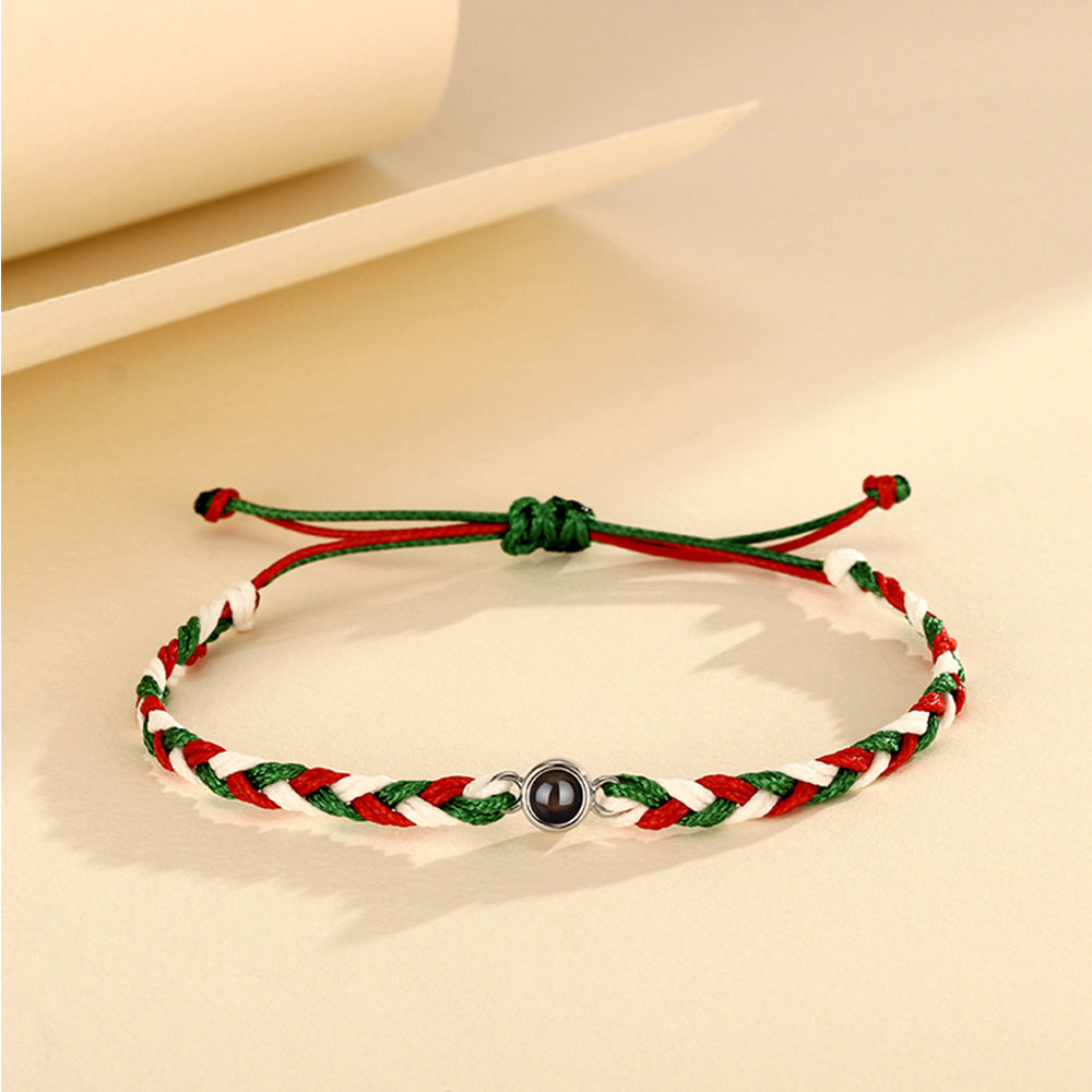 Custom Friendship Bracelet with Picture & Text Inside -Red Green Braided Rope Round Pendant, Personalized Gifts for Women Men