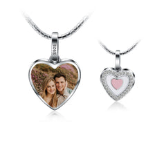 925 Silver Custom Necklace with Photo - Heart Pendant with Picture, Cubic Zirconia and Pink Heart Decoration on Back, Perfect Holiday Gift for Girlfriend, Wife, or Mother