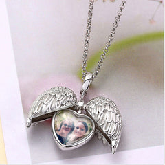 925 Silver Personalized Locket Necklace with Photo - Openable Angel Wing Pendant, One Side for Photo and One Side for Engraving, Perfect Christmas Gift for Girlfriend, Wife, or Mother