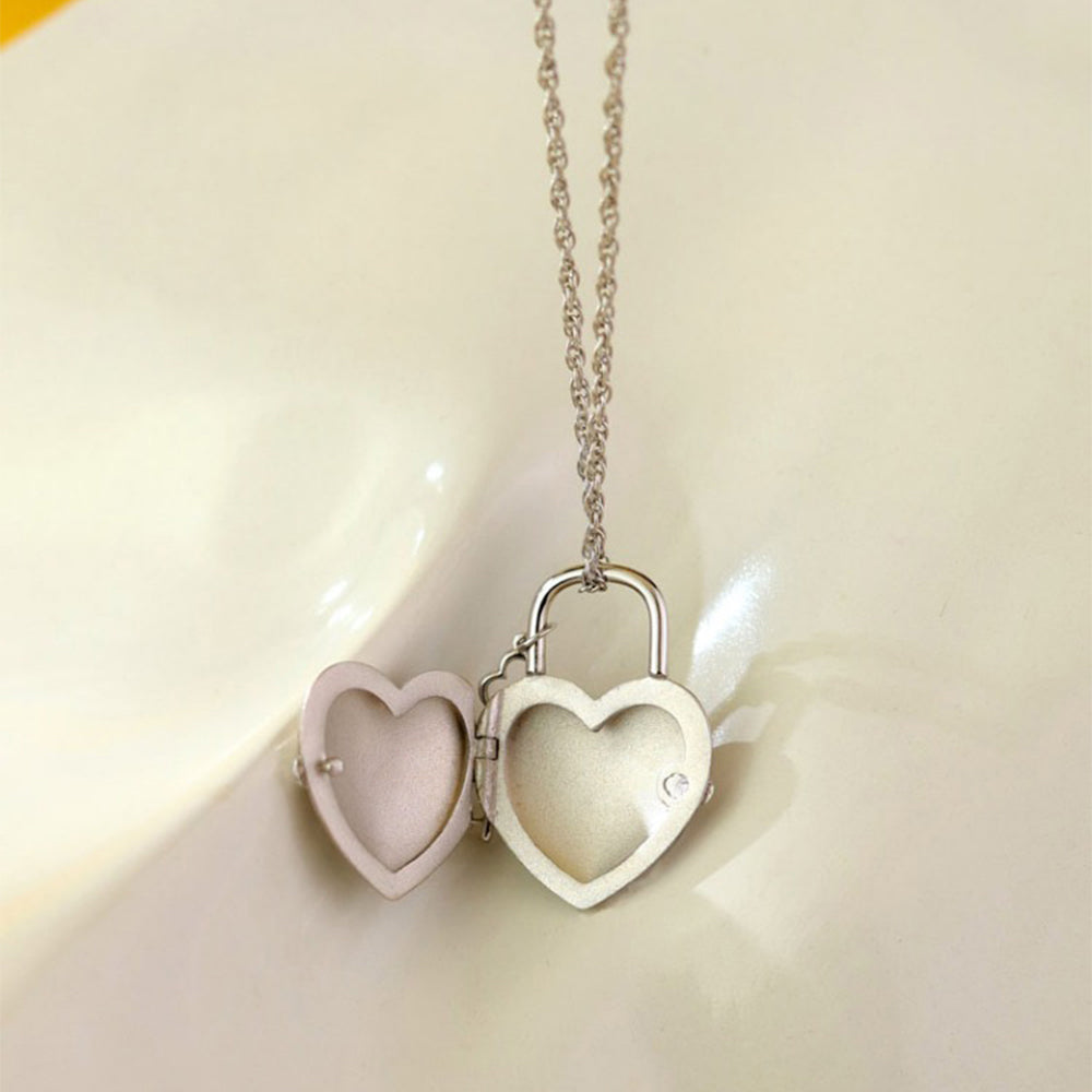 925 Silver Brushed Finish Heart Locket Necklace with Key – Custom 2 Photos & Text, Choose Chain Style and Length, Personalized Gift for Women