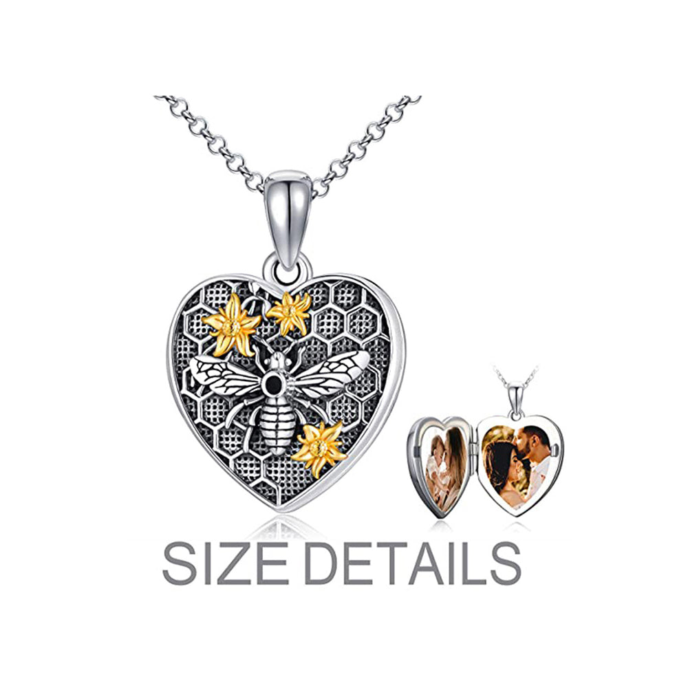 925 Silver Custom Locket Necklace with Photo - Holds Two Photos Openable Heart Pendant with Bee