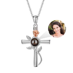 925 Silver Personalized Photo Necklace - Elegant Classic Style Cross Wrapped with Golden Rose Vine and Rose Pendant.