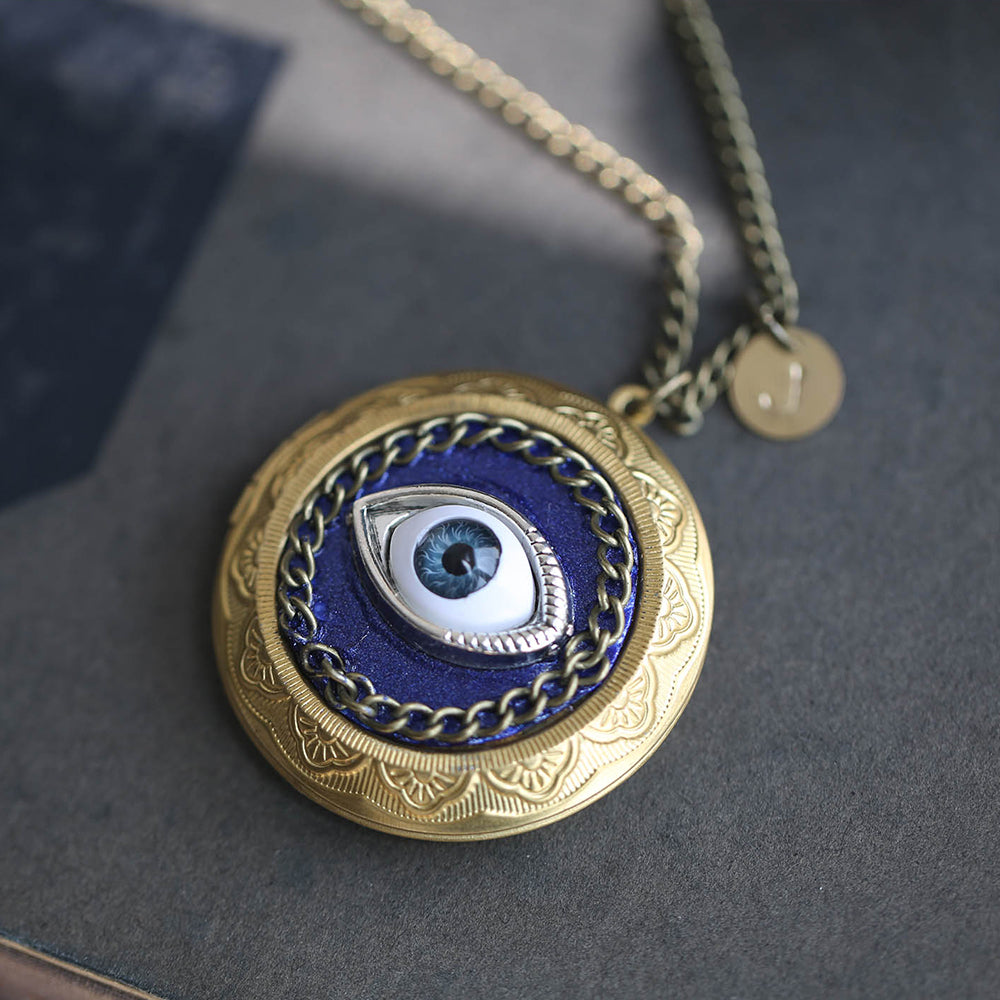 Antique Brass Round Evil Eye Photo Locket Necklace - 3D Design, Custom Photos & Letter Charm - Personalized Punk Gift for Him