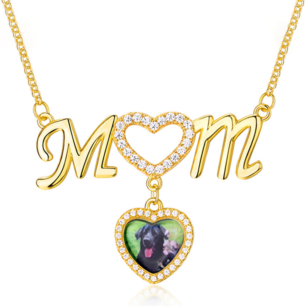 925 Silver Custom Photo Necklace with Engraving - Heart Pendant with 'Mom' Lettering