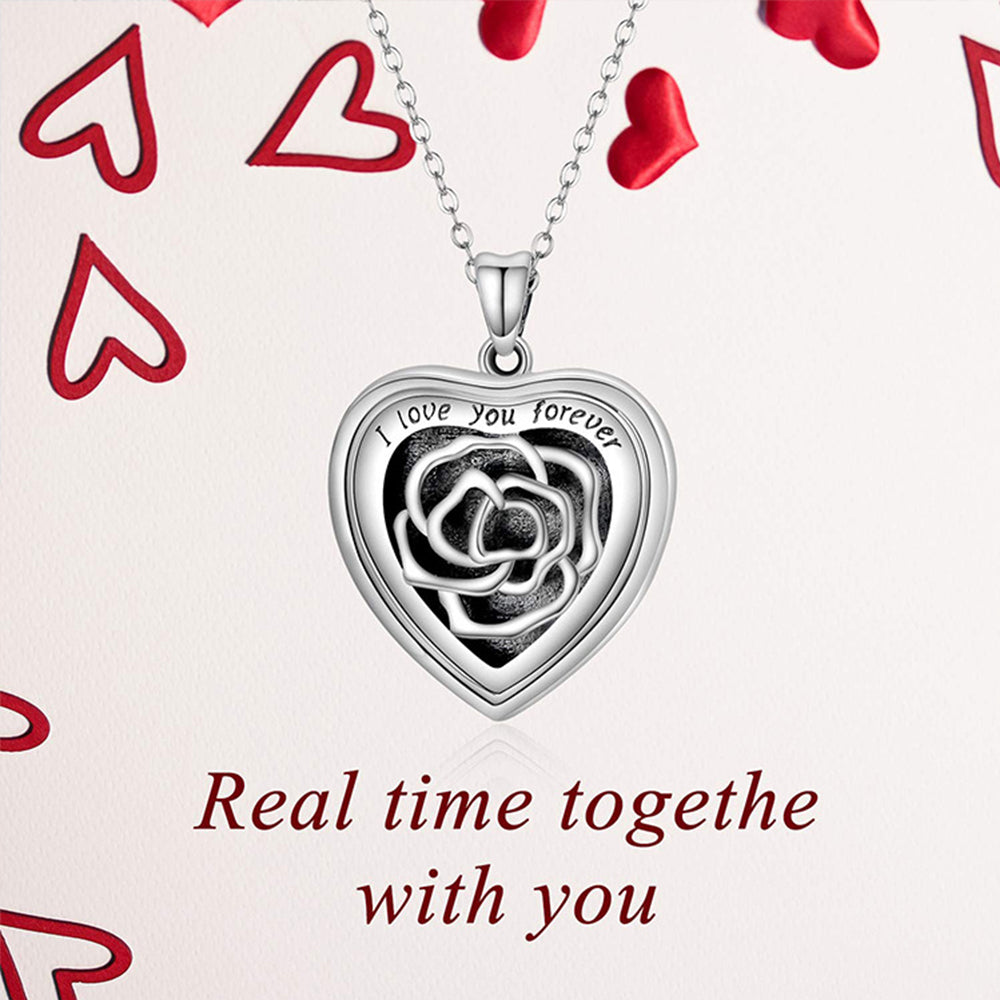 925 Silver Custom Locket Necklace with Photo - Openable Heart Pendant with Hollow Rose Design, Perfect Holiday Gift for Girlfriend, Wife, or Mother