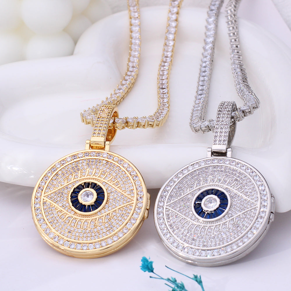 Personalized Locker Necklace with Photo - Hip-Hop Style Round Pendant with Zircon, Engravable Back