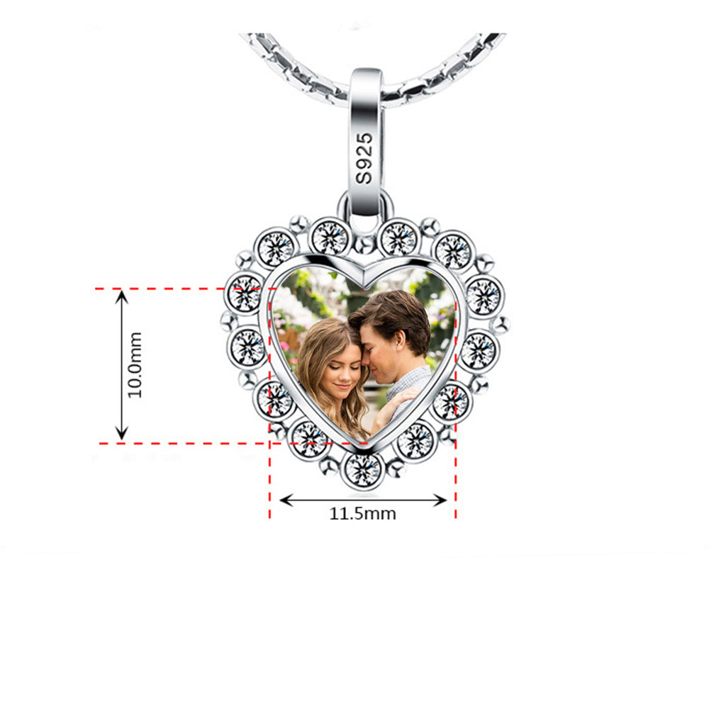 925 Silver Personalized Necklace with Photo - Heart Pendant with Cubic Zirconia Border, Custom Text on Back, Perfect Holiday Gift for Girlfriend, Wife, or Mother