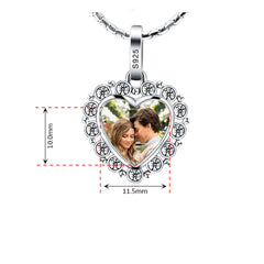 925 Silver Personalized Necklace with Photo - Heart Pendant with Cubic Zirconia Border, Custom Text on Back, Perfect Holiday Gift for Girlfriend, Wife, or Mother