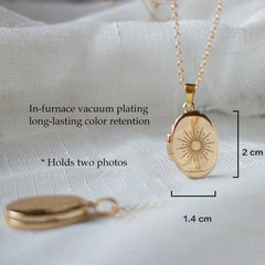 Gold Plated Oval Photo Locket Necklace Custom Photos & Text, Sun Moon Evil Eye,Memory Gifts for Her