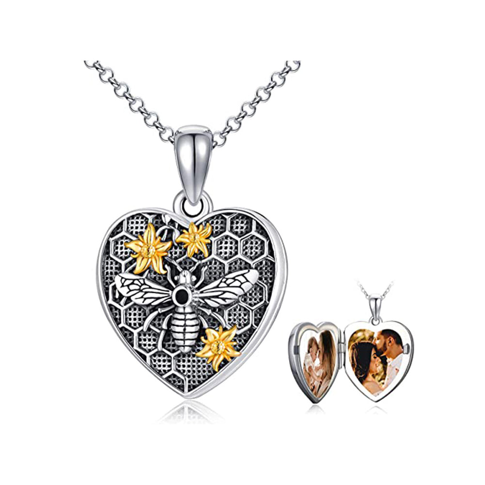 925 Silver Custom Locket Necklace with Photo - Holds Two Photos Openable Heart Pendant with Bee