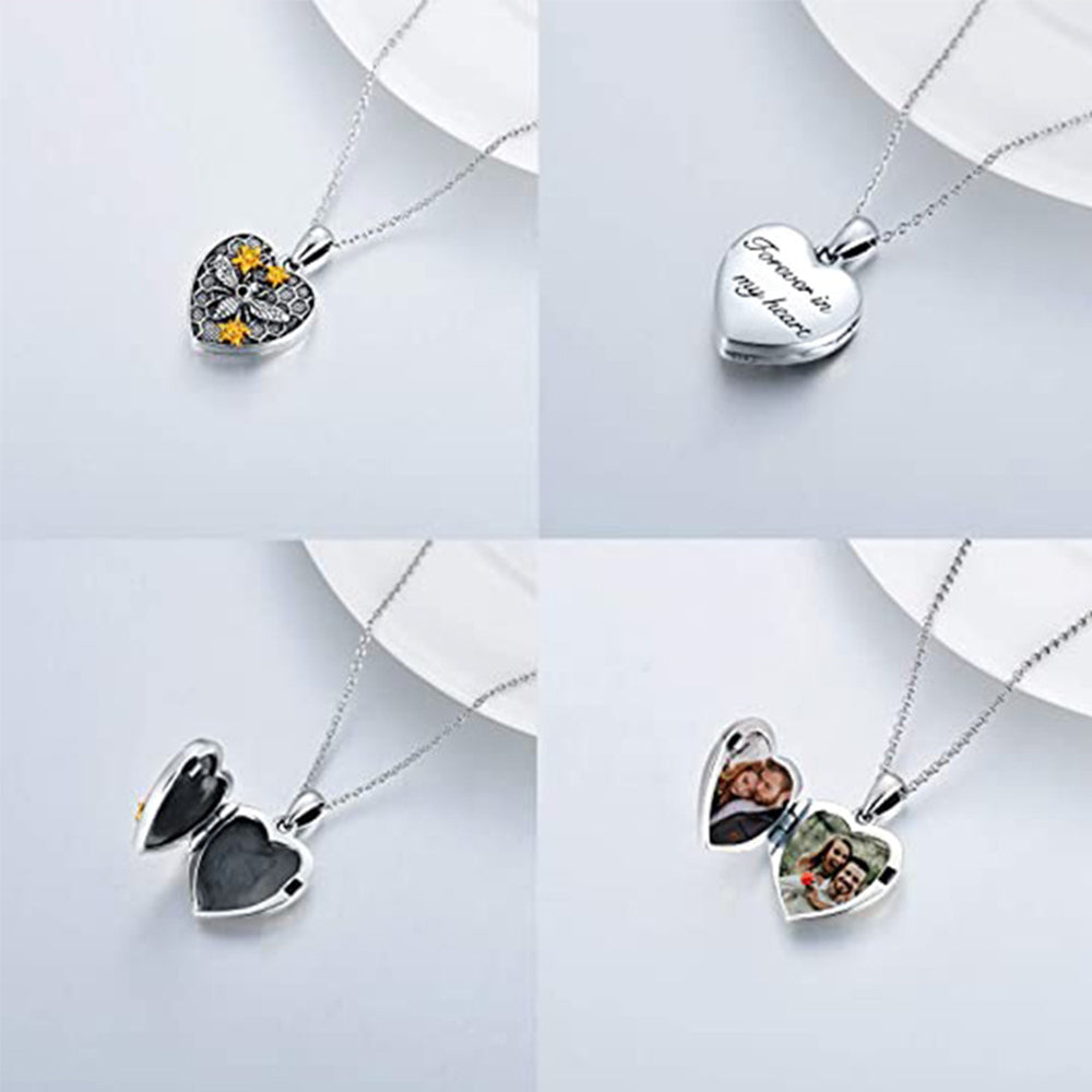 925 Silver Custom Locket Necklace with Photo - Holds Two Photos Openable Heart Pendant with Bee