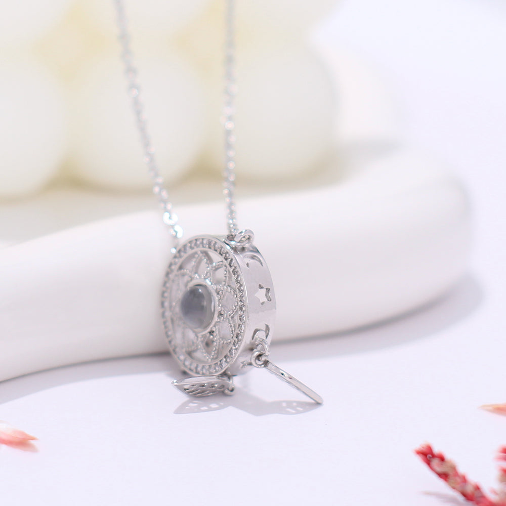 Custom 925 Silver Projection Necklace with Photo & Word Inside - Dreamcatcher Pendant, Memory Gift for Women