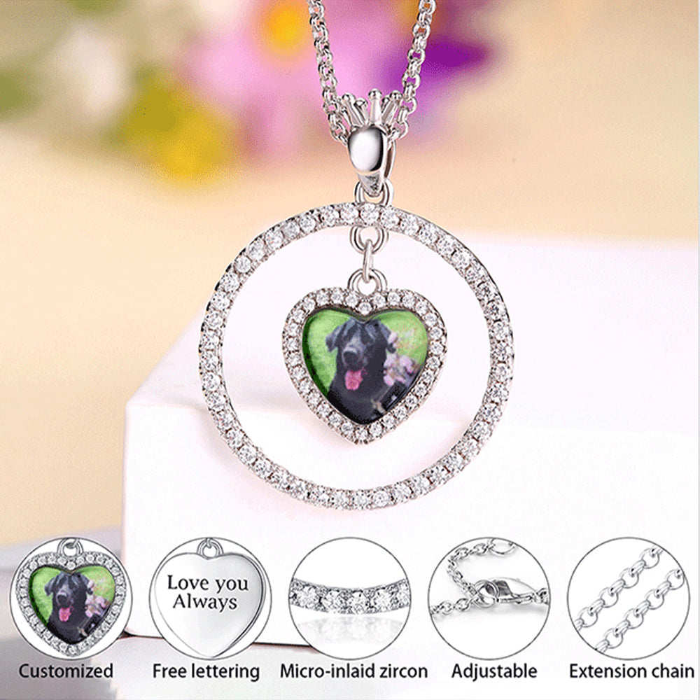 925 Silver Custom Necklace with Photo - Heart Pendant with Zirconia-Embedded Circle and Custom Engraving on the Back