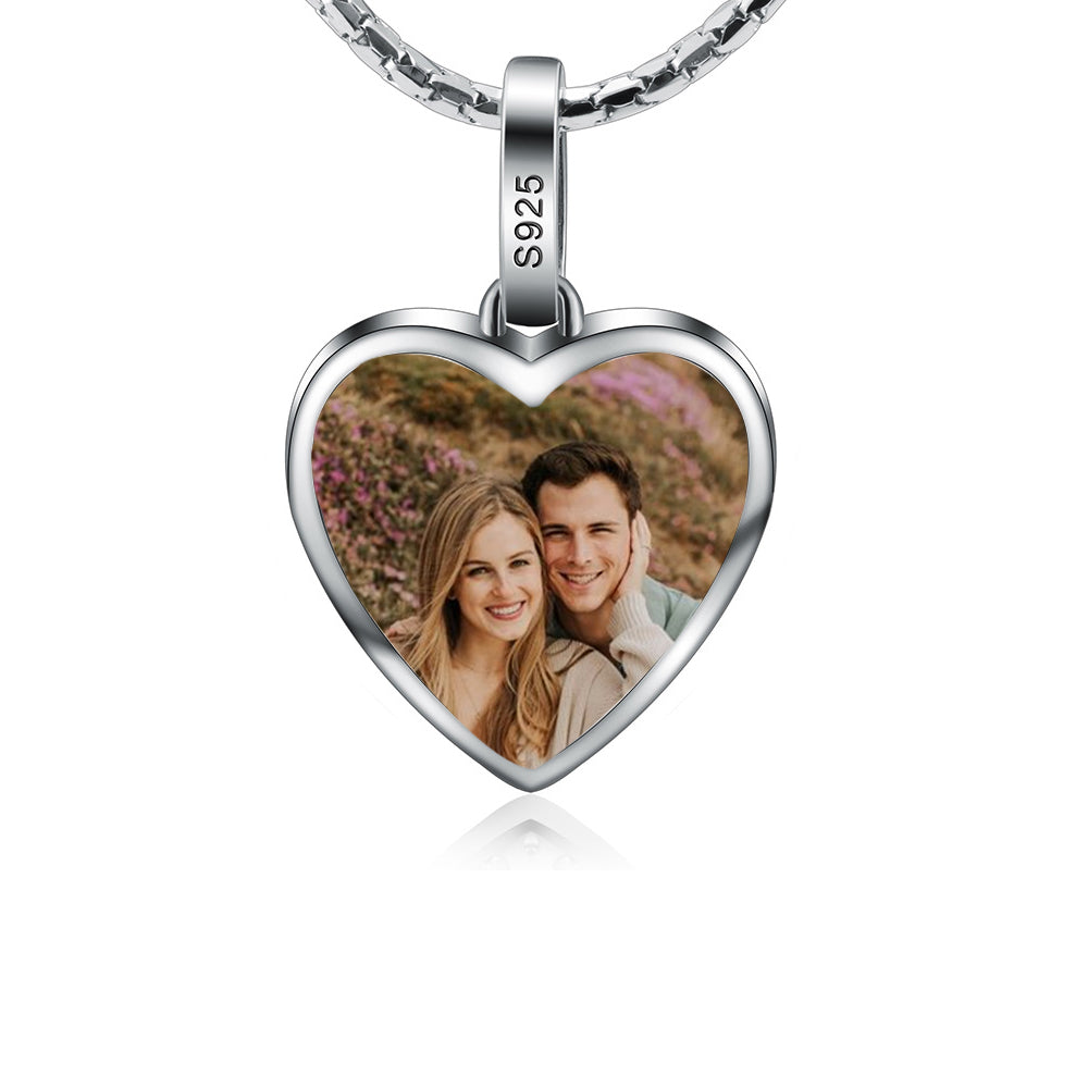 925 Silver Custom Necklace with Photo - Heart Pendant with Picture, Cubic Zirconia and Pink Heart Decoration on Back, Perfect Holiday Gift for Girlfriend, Wife, or Mother