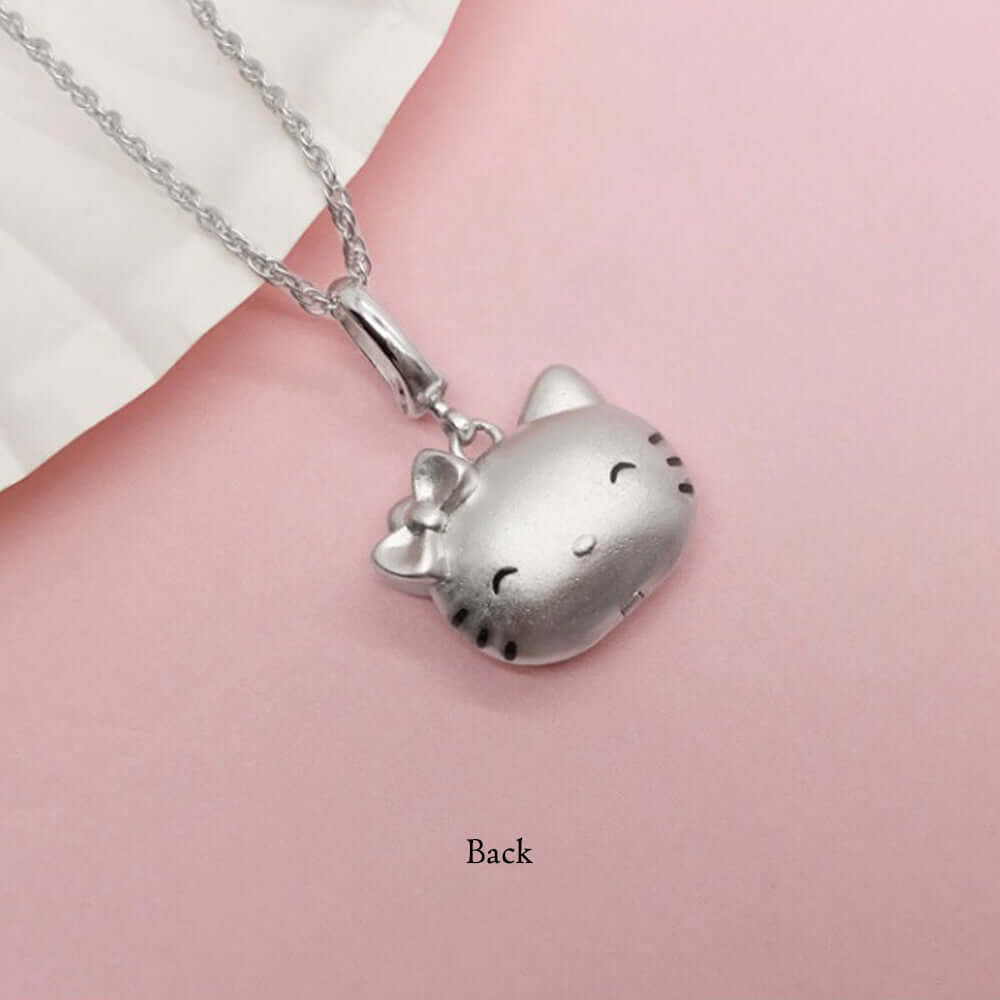 925 Silver 3D KT Cat Locket Necklace – Double-Sided Expressions, Custom 2 Photos & Text, Choose Chain Style and Length, Personalized Gift for Women Girl