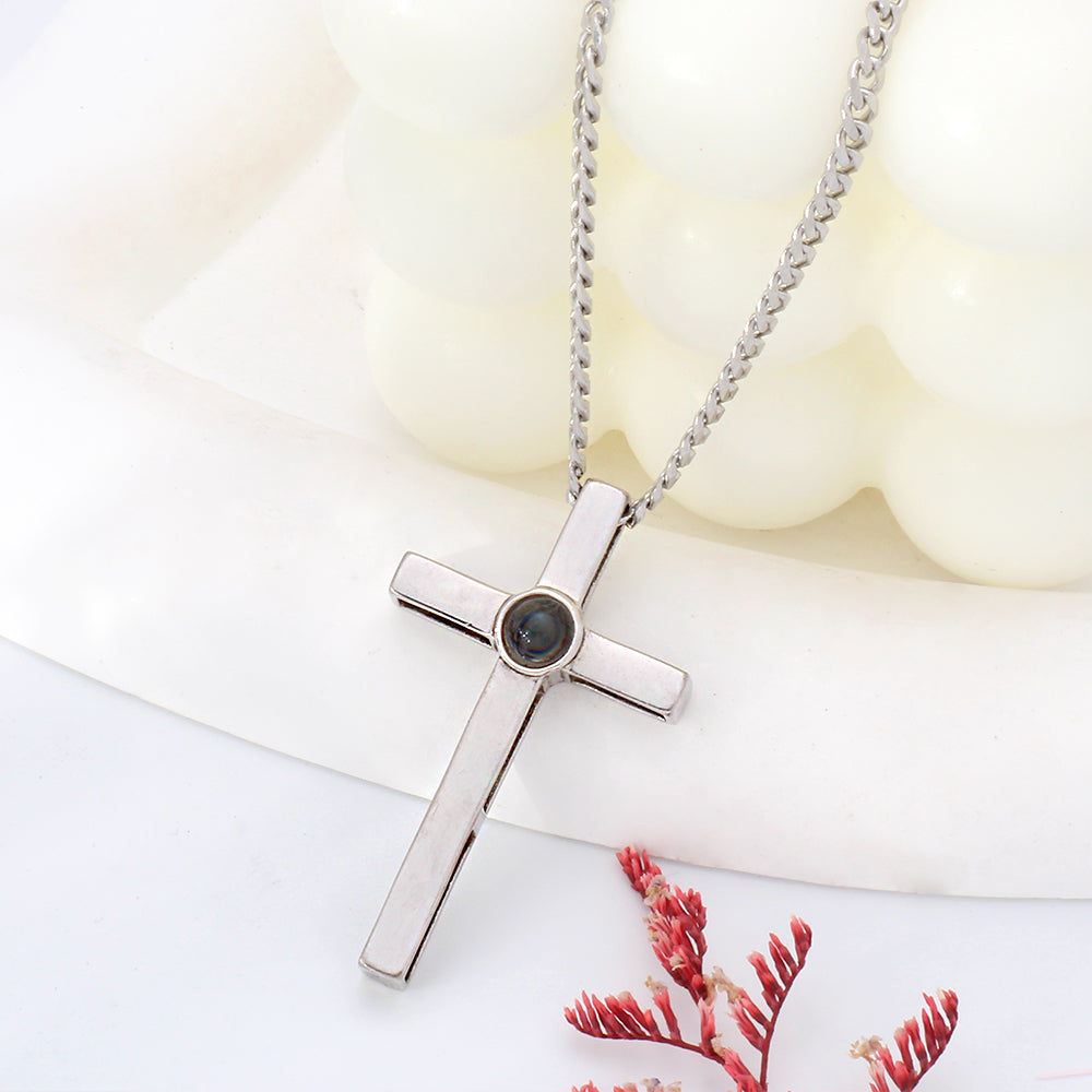 925 Silver Personalized Photo Projection Necklace - Minimalist Cross Pendant for Men