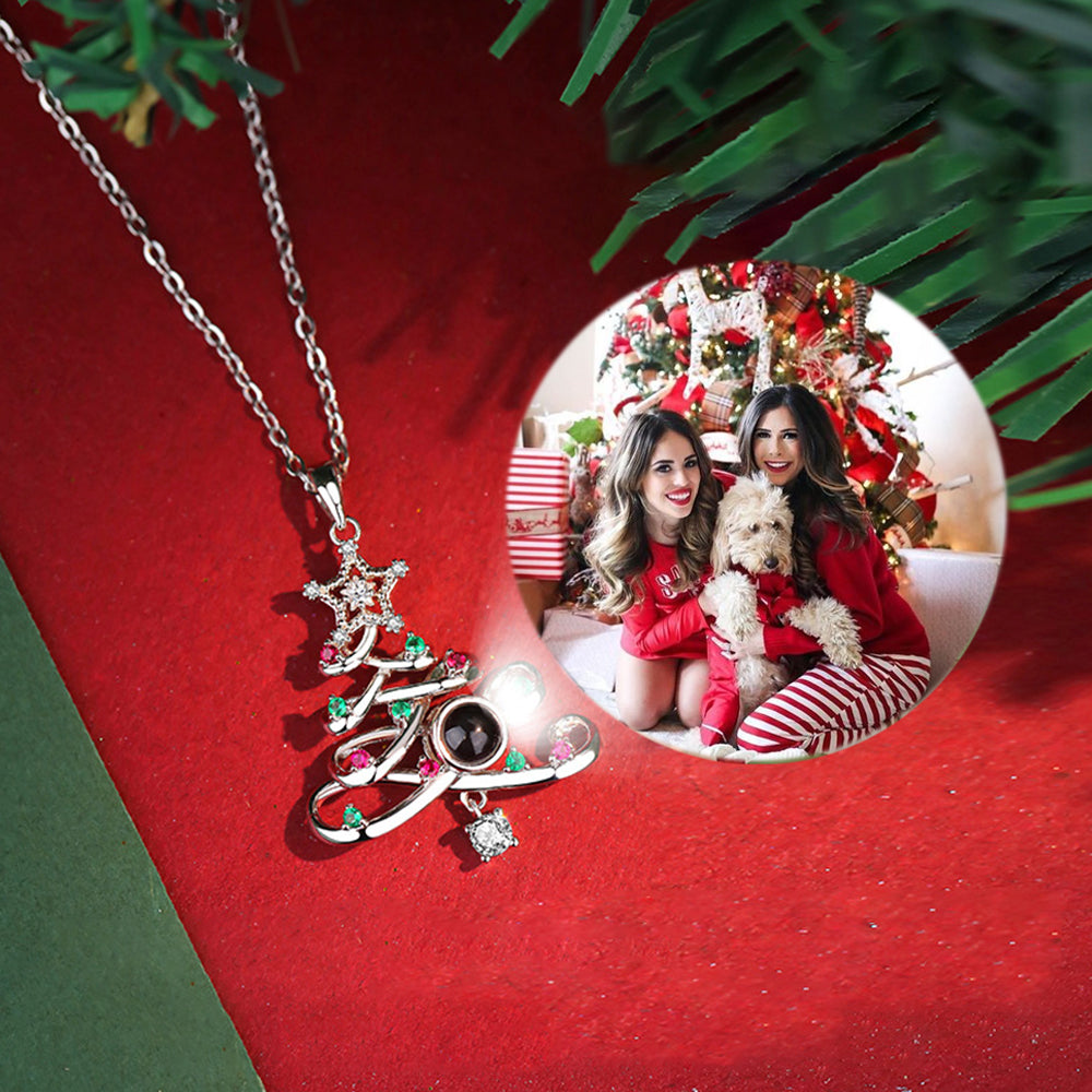 Custom Photo Necklace with Picture and Text Inside - Red Green Jewel Star Christmas Tree, Personalized Gifts for Women