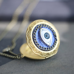 Antique Brass Round Evil Eye Photo Locket Necklace - 3D Design, Custom Photos & Letter Charm - Personalized Punk Gift for Him