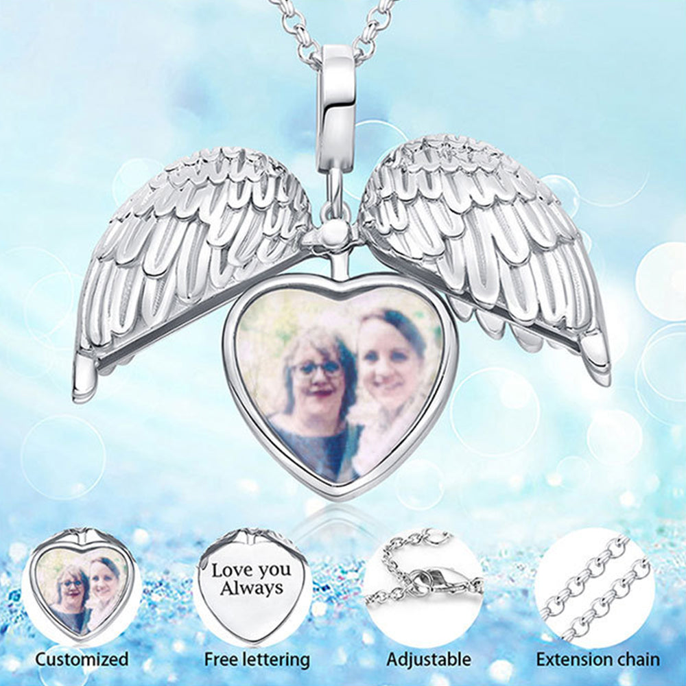 925 Silver Personalized Locket Necklace with Photo - Openable Angel Wing Pendant, One Side for Photo and One Side for Engraving, Perfect Christmas Gift for Girlfriend, Wife, or Mother