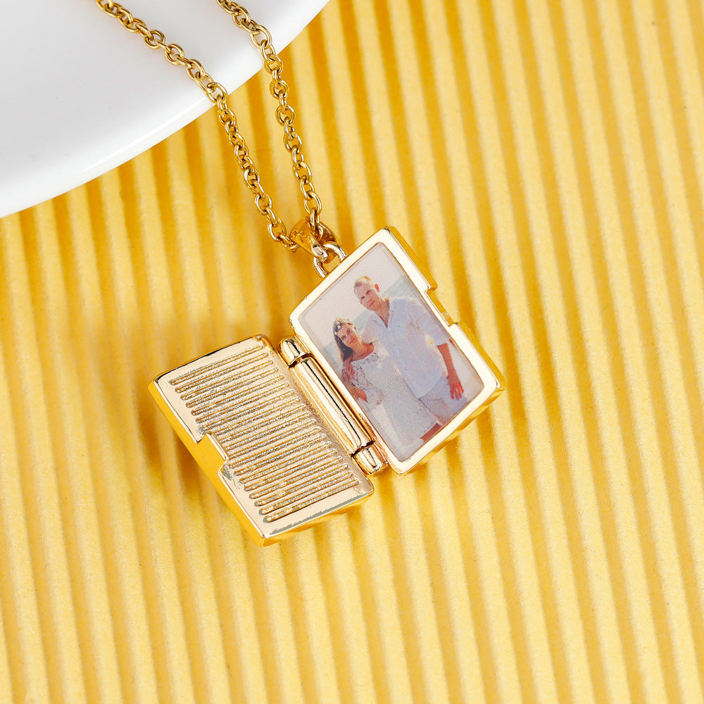 Gold Envelope Photo Locket Necklace,Book-Style Album Pendant, Custom Photo,Valentine's & Christmas Gift for Her