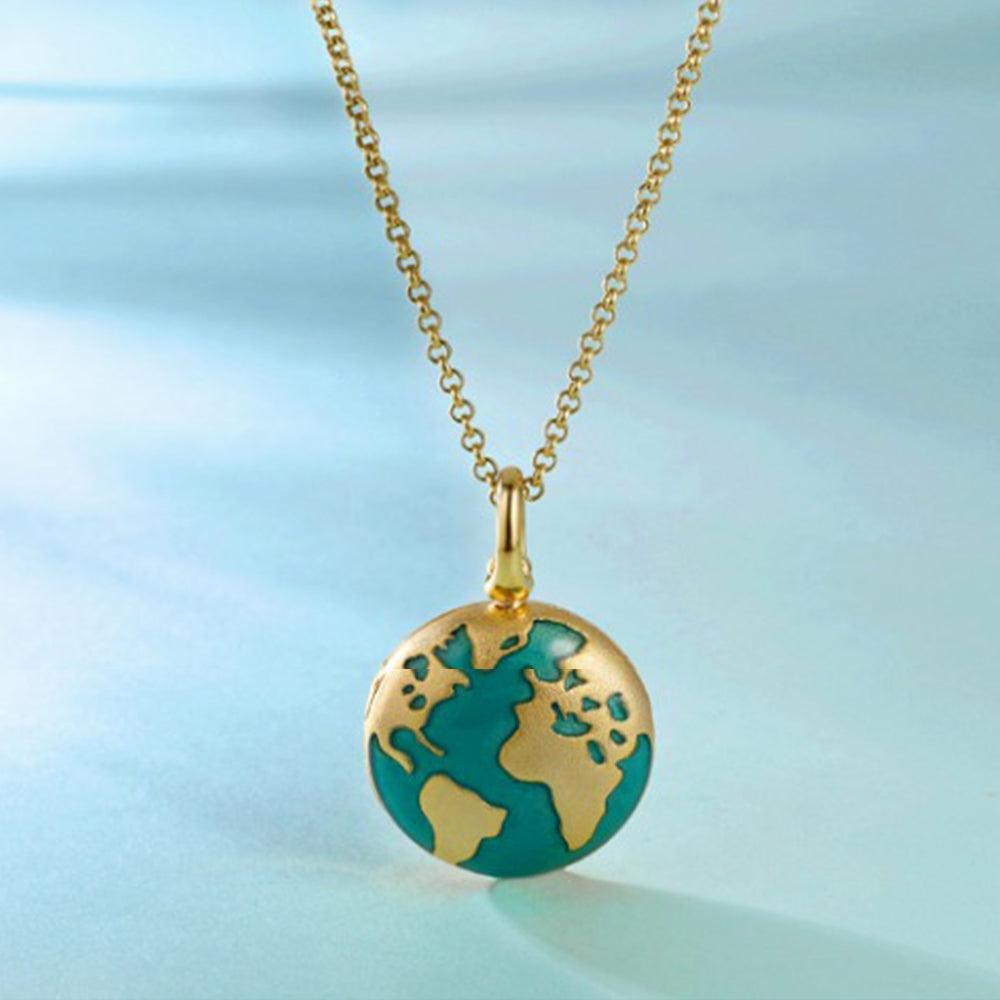 Custom 925 Silver World Map Locket Necklace with Photo & Text, Blue Gold Earth Pendant, Travel Memory Gift for Women Men – "My Whole World"