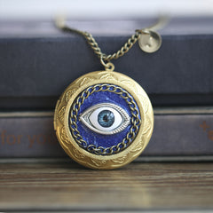 Antique Brass Round Evil Eye Photo Locket Necklace - 3D Design, Custom Photos & Letter Charm - Personalized Punk Gift for Him