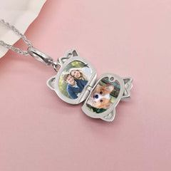 925 Silver 3D KT Cat Locket Necklace – Double-Sided Expressions, Custom 2 Photos & Text, Choose Chain Style and Length, Personalized Gift for Women Girl