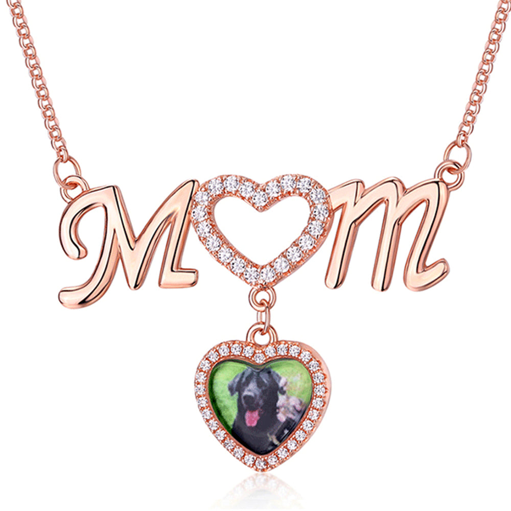 925 Silver Custom Photo Necklace with Engraving - Heart Pendant with 'Mom' Lettering