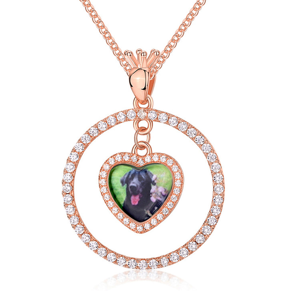 925 Silver Custom Necklace with Photo - Heart Pendant with Zirconia-Embedded Circle and Custom Engraving on the Back