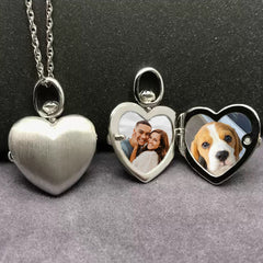 925 Silver Brushed Finish Heart Locket Necklace – Custom 2 Photos & Text, Choose Chain Style and Length, Personalized Gift for Women Men